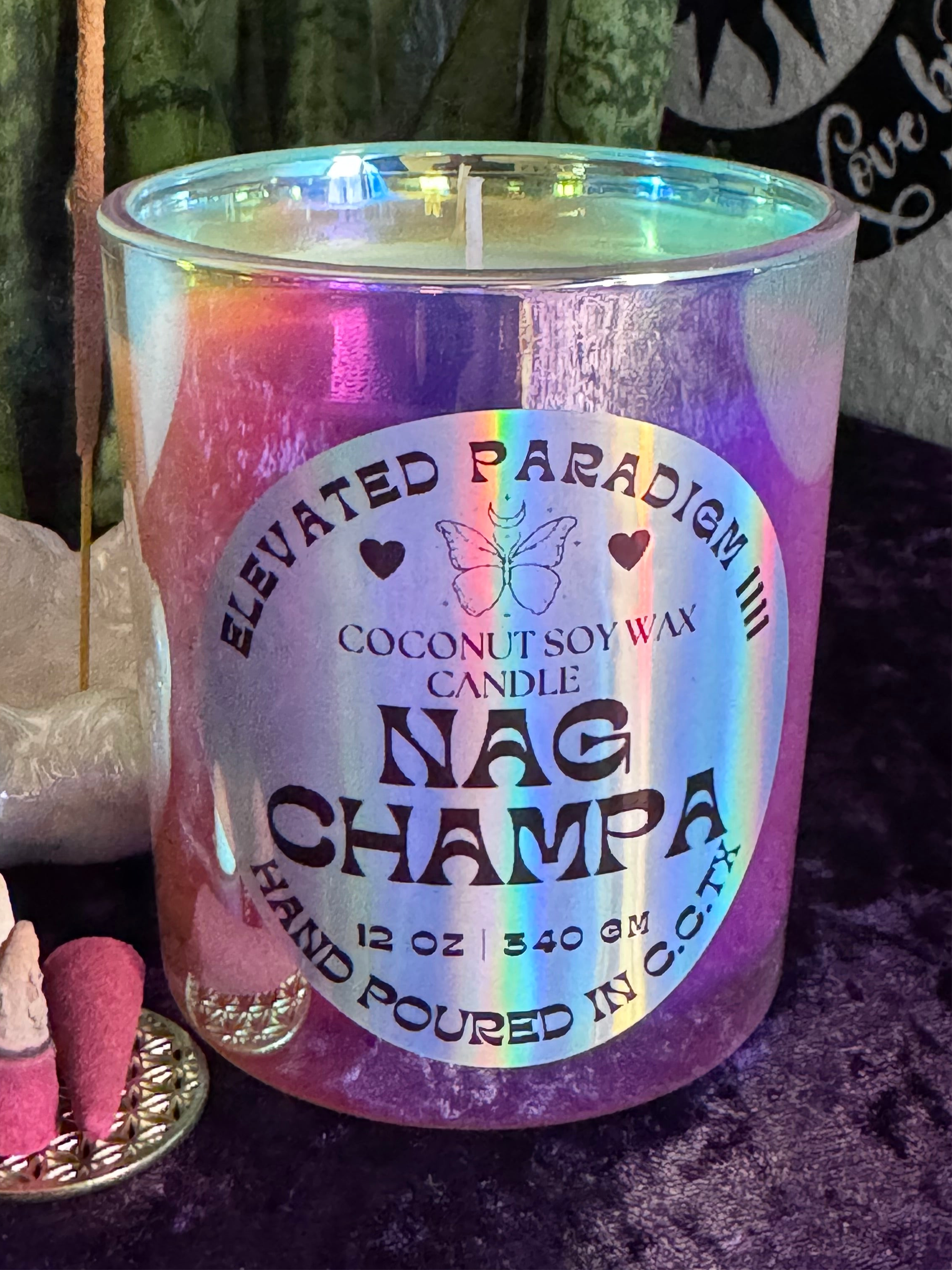 Nag Champa Scented Candle /Iridescent Vessel 12 oz