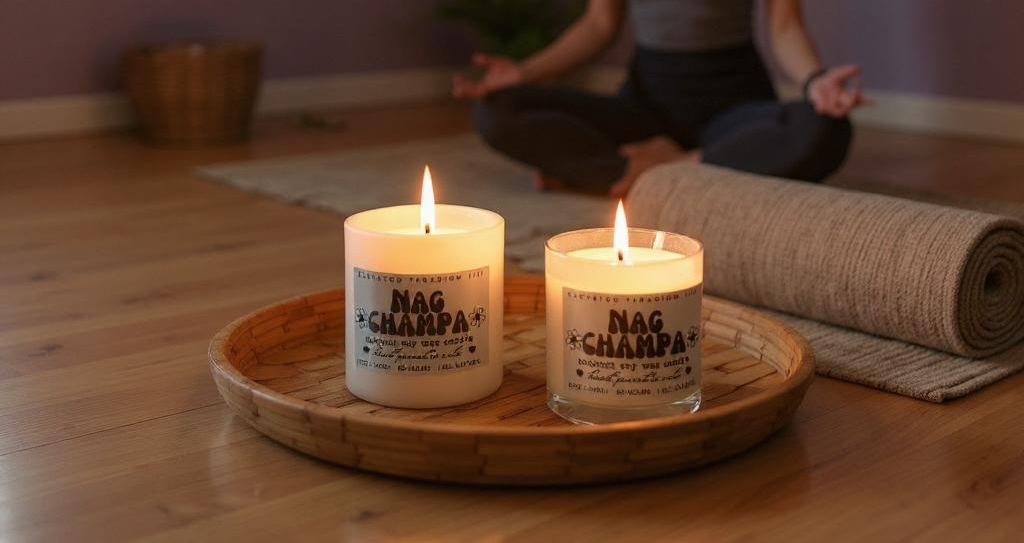 Two Nag Champa candles on a wooden tray with a person practicing yoga in the background.